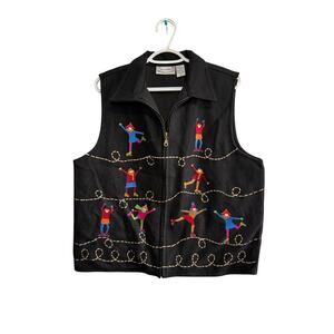Vintage Carrie‎ Allen Embroidered Zip Up Vest Womens XL Ice Skating Grandmacore